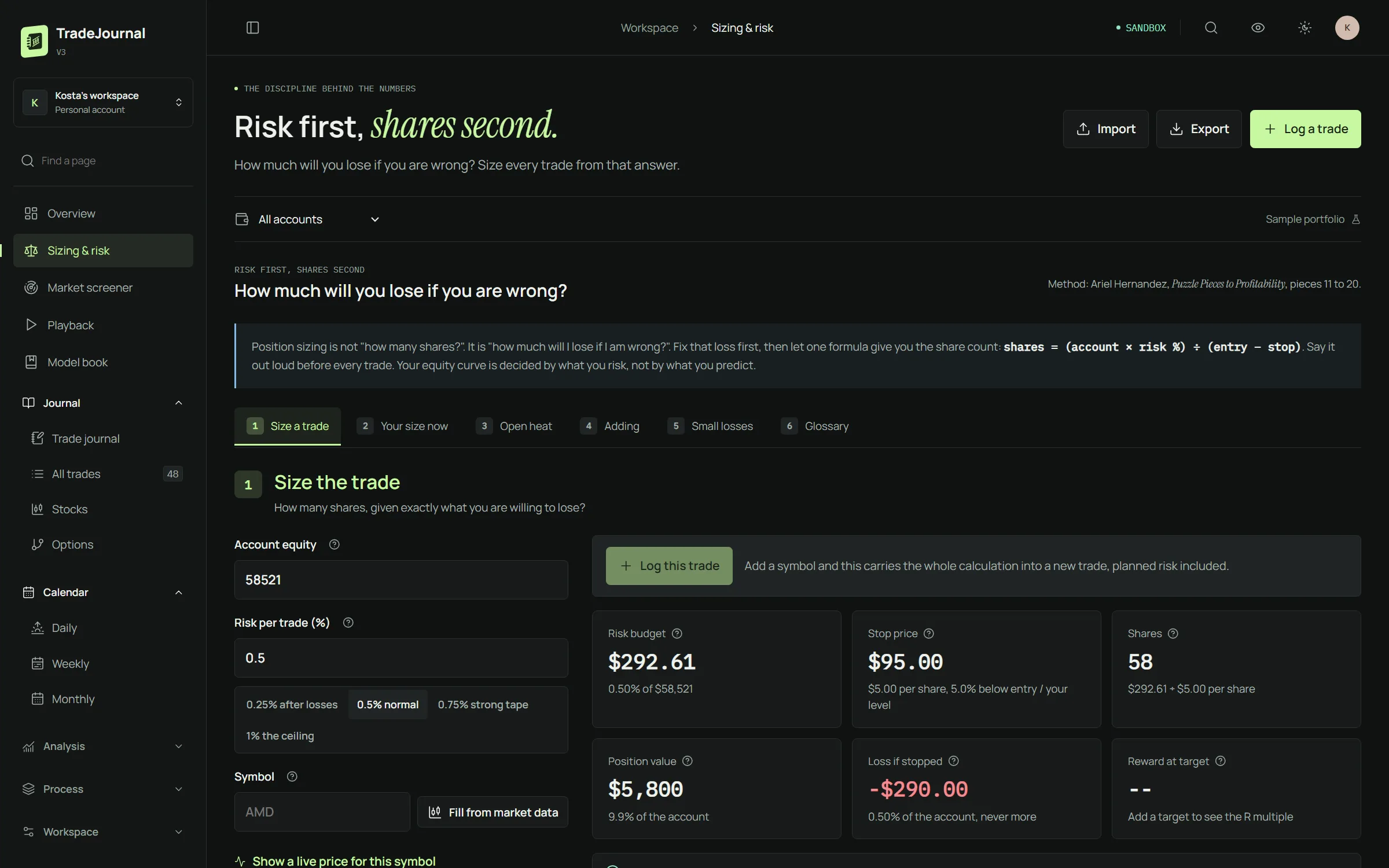 Sizing and risk: account equity and risk per trade give the risk budget, the stop and the share count